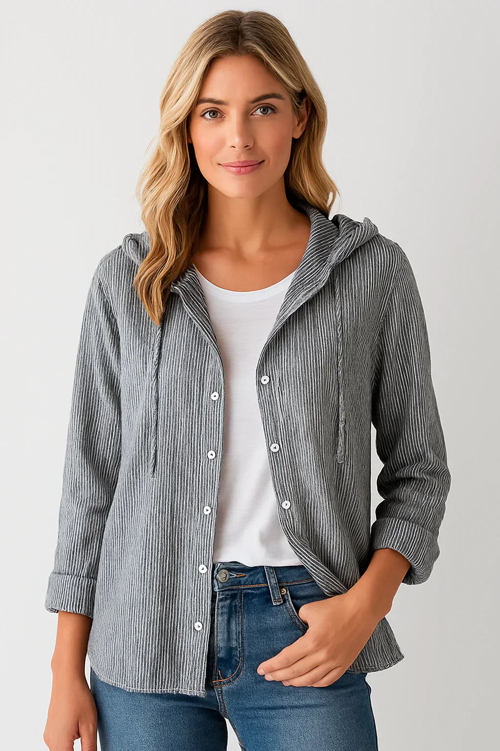 Wickie | Gestreifte Leinenbluse mit Kapuze & Kordelzug | Atmungsaktive Damenbluse mit Knöpfen & langen Ärmeln