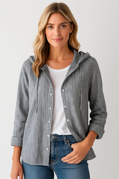 Wickie | Gestreifte Leinenbluse mit Kapuze & Kordelzug | Atmungsaktive Damenbluse mit Knöpfen & langen Ärmeln