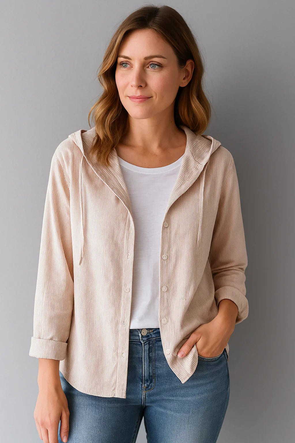 Wickie | Gestreifte Leinenbluse mit Kapuze & Kordelzug | Atmungsaktive Damenbluse mit Knöpfen & langen Ärmeln