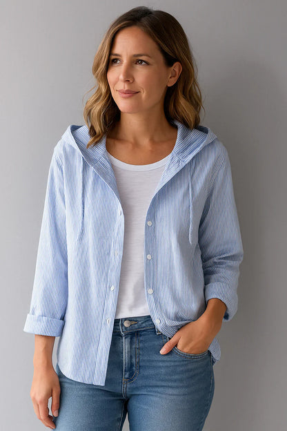 Wickie | Gestreifte Leinenbluse mit Kapuze & Kordelzug | Atmungsaktive Damenbluse mit Knöpfen & langen Ärmeln