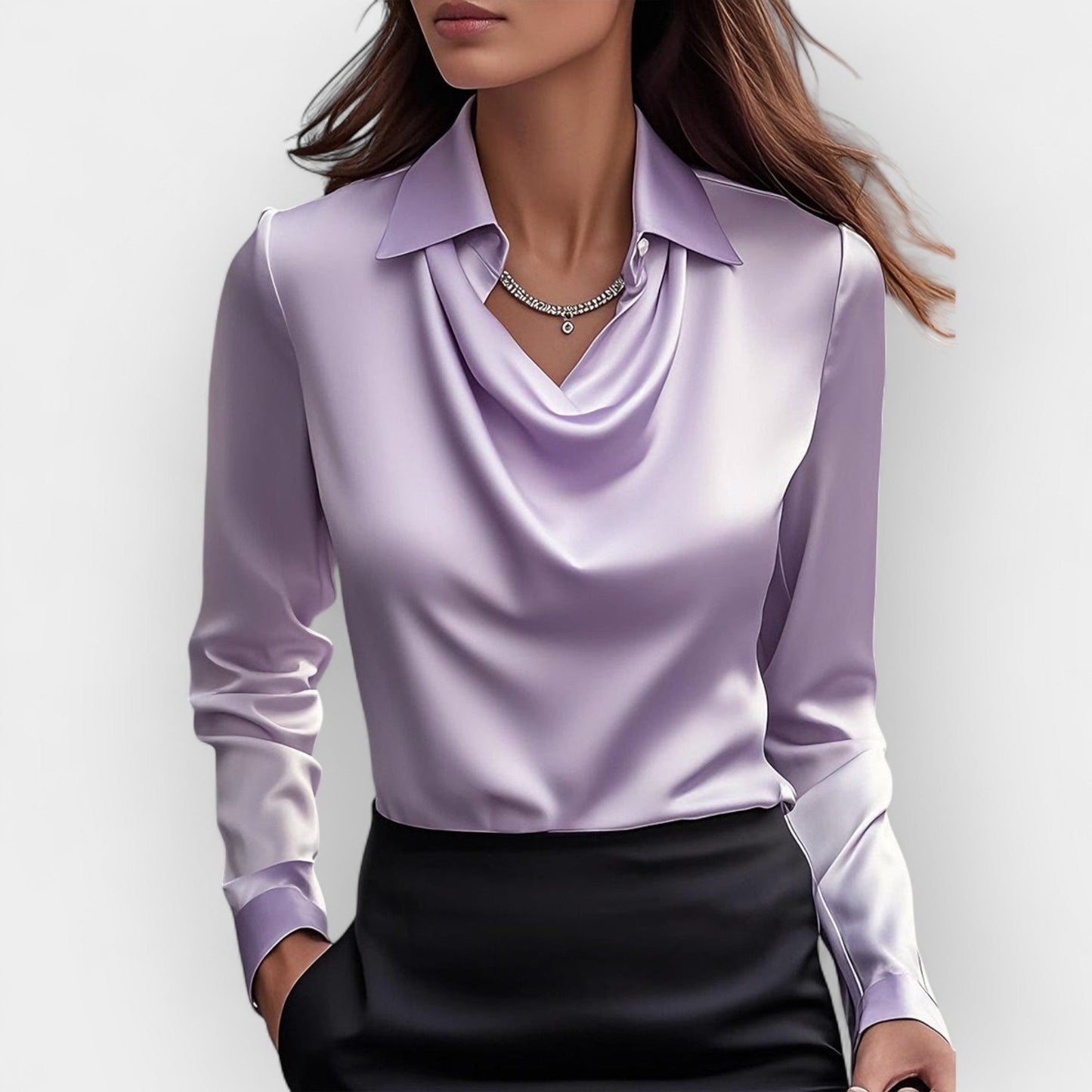 Serilda | Damen Satinbluse mit Wasserfallkragen & Langarm – Elegante Business- & Freizeitbluse für jeden Anlass