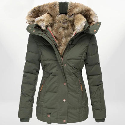 Deorwynne | Damen gesteppter Baumwollmantel mit Reißverschluss und abnehmbarer Kapuze