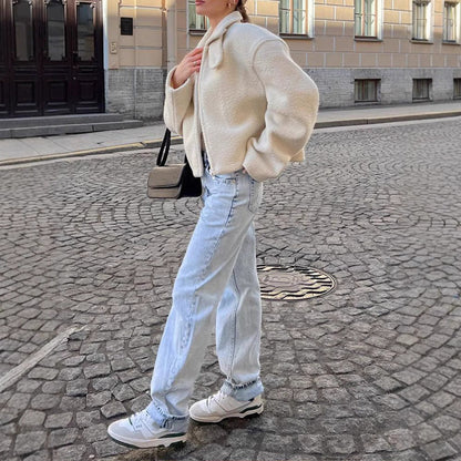 Damen Fleecejacke Minimal | Weiße Winterjacke mit Reißverschluss für Alltag & Übergangszeit