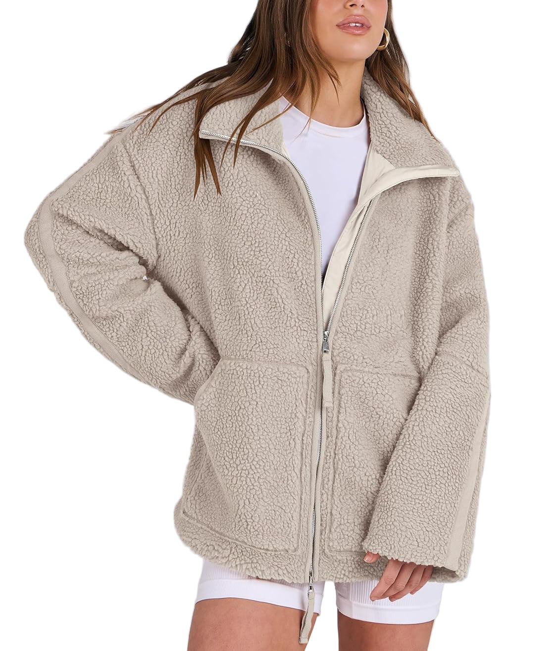 Damen Fleecejacke Oversize | Warme Teddyjacke mit Reißverschluss für Herbst & Winter