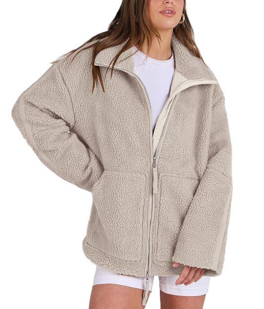 Damen Fleecejacke Oversize | Warme Teddyjacke mit Reißverschluss für Herbst & Winter