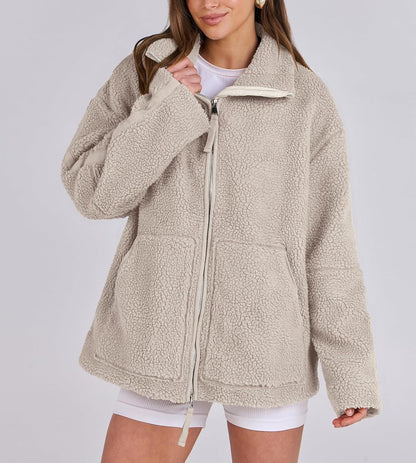 Damen Fleecejacke Oversize | Warme Teddyjacke mit Reißverschluss für Herbst & Winter