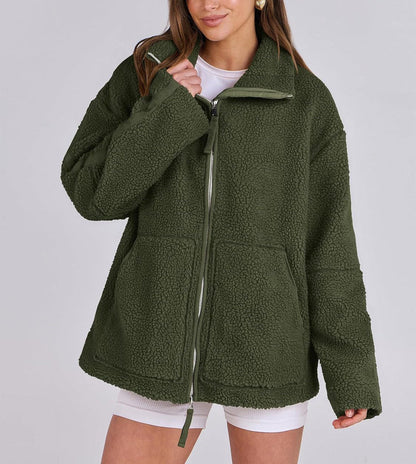 Damen Fleecejacke Oversize | Warme Teddyjacke mit Reißverschluss für Herbst & Winter