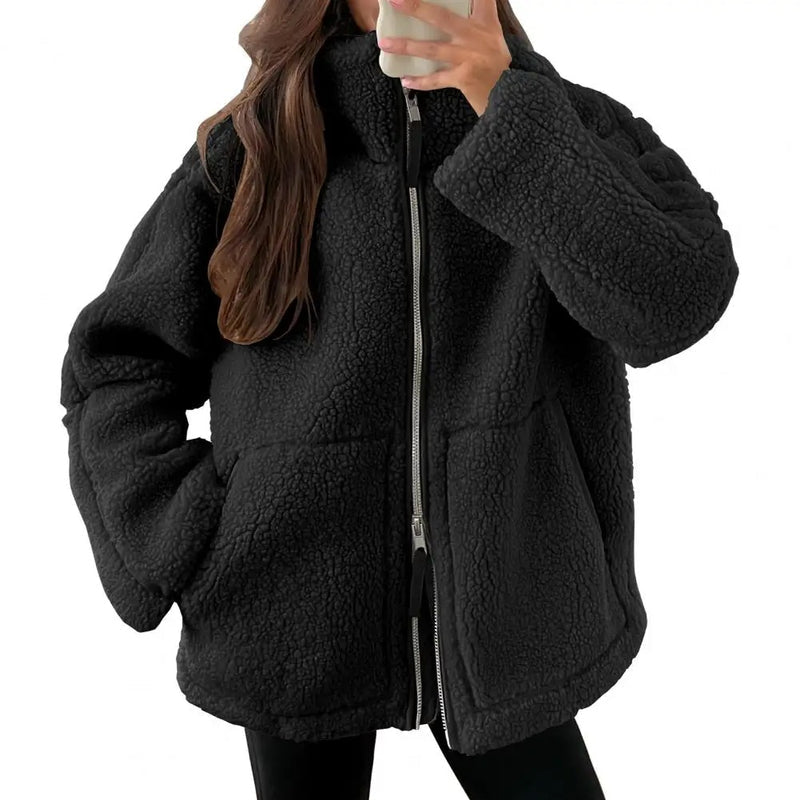 Damen Fleecejacke Oversize | Warme Teddyjacke mit Reißverschluss für Herbst & Winter