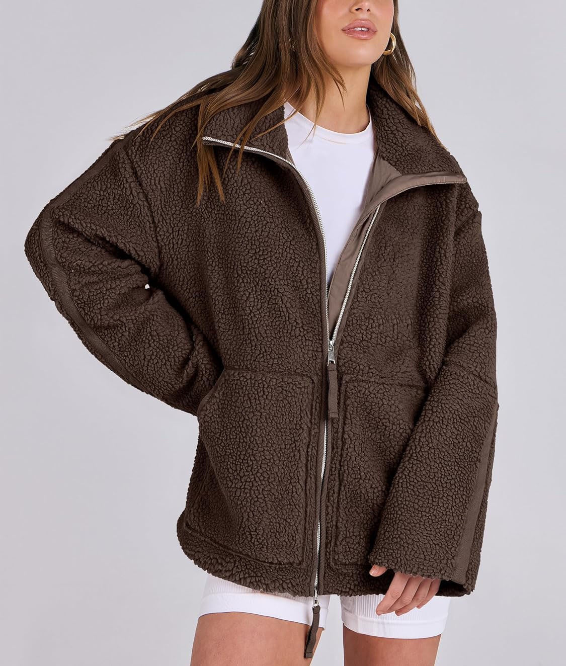 Damen Fleecejacke Oversize | Warme Teddyjacke mit Reißverschluss für Herbst & Winter