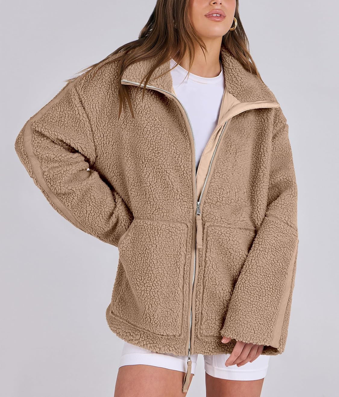 Damen Fleecejacke Oversize | Warme Teddyjacke mit Reißverschluss für Herbst & Winter