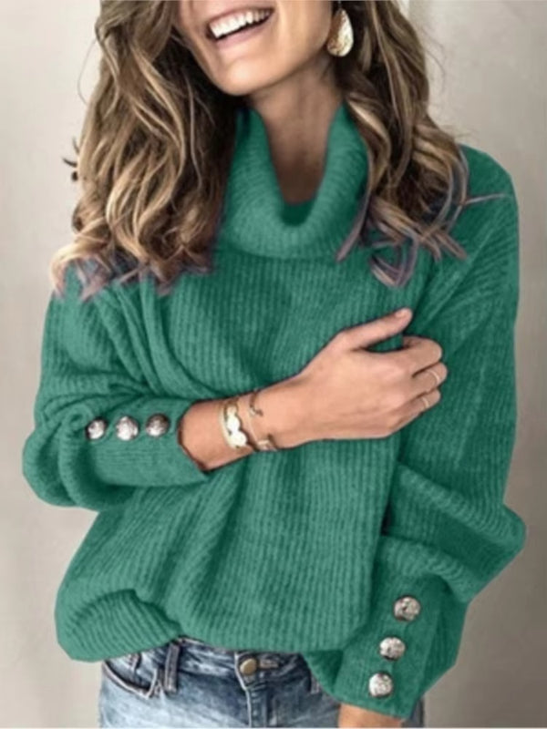 Damen Rollkragenpullover mit Strukturstrick & Zierknöpfen | Warmer Winterpullover im modernen City-Style