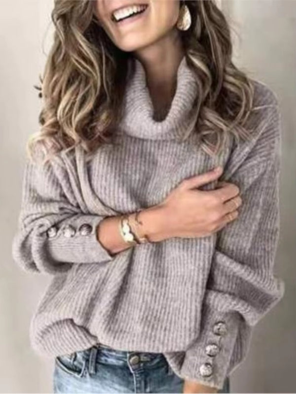 Damen Rollkragenpullover mit Strukturstrick & Zierknöpfen | Warmer Winterpullover im modernen City-Style