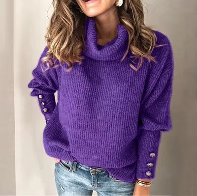 Damen Rollkragenpullover mit Strukturstrick & Zierknöpfen | Warmer Winterpullover im modernen City-Style
