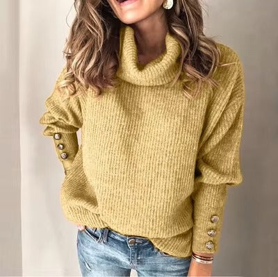 Damen Rollkragenpullover mit Strukturstrick & Zierknöpfen | Warmer Winterpullover im modernen City-Style