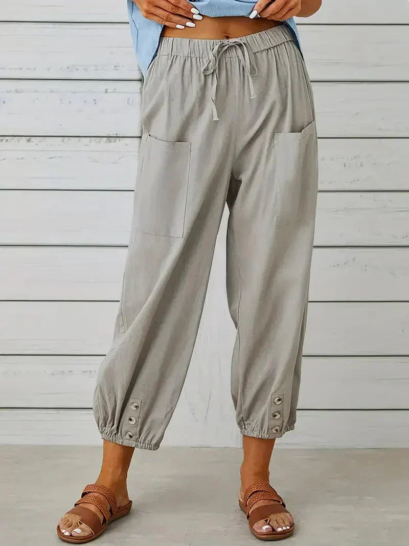 Ashbel | Damen Freizeit-Hose mit elastischem Bund, Kordelzug und Taschen – Bequeme Uni-Farben Sommerhose