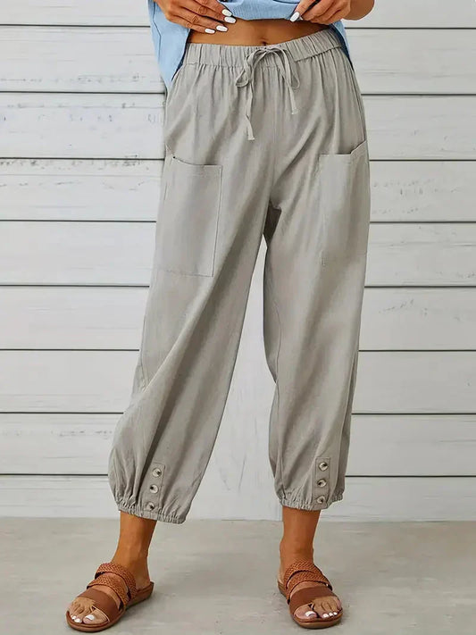 Ashbel | Damen Freizeit-Hose mit elastischem Bund, Kordelzug und Taschen – Bequeme Uni-Farben Sommerhose