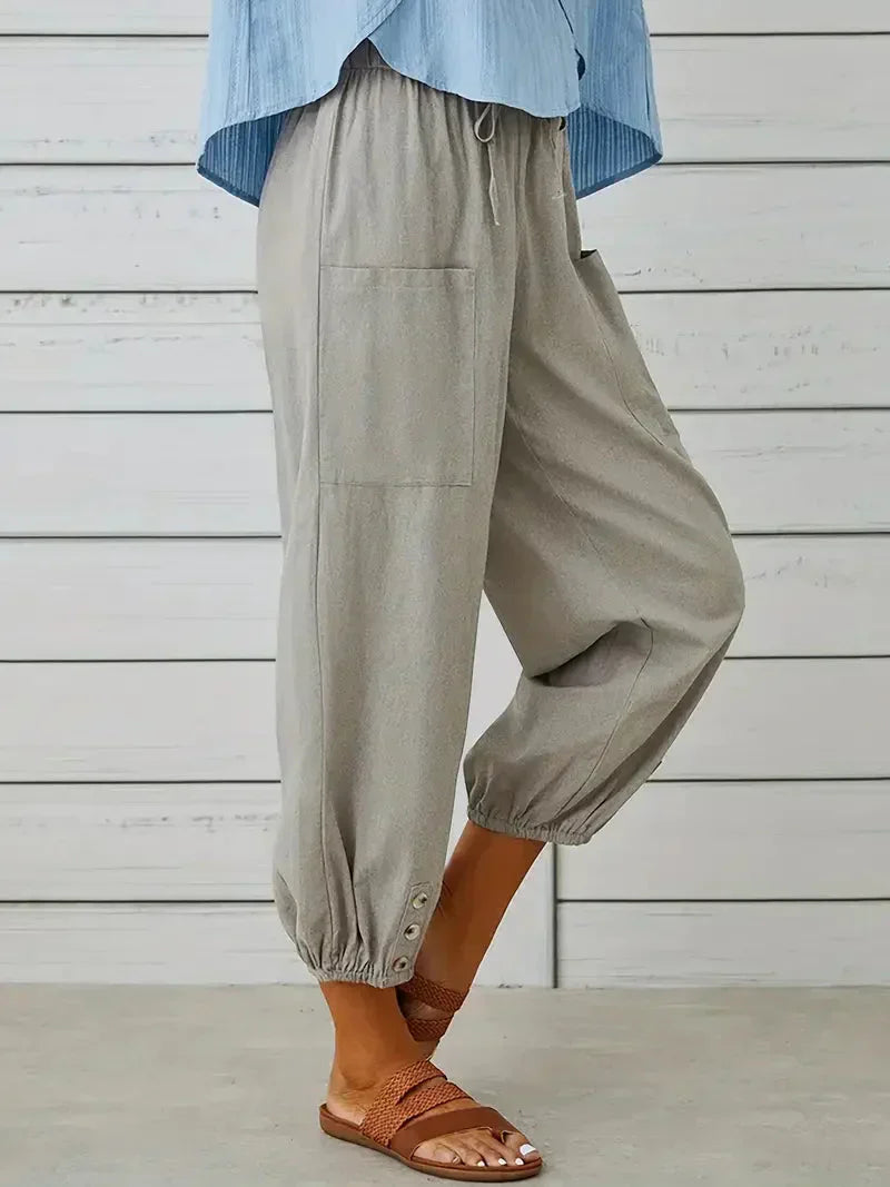 Ashbel | Damen Freizeit-Hose mit elastischem Bund, Kordelzug und Taschen – Bequeme Uni-Farben Sommerhose