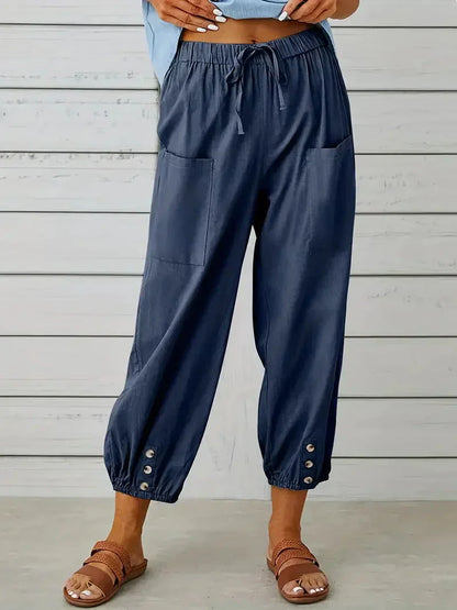 Ashbel | Damen Freizeit-Hose mit elastischem Bund, Kordelzug und Taschen – Bequeme Uni-Farben Sommerhose