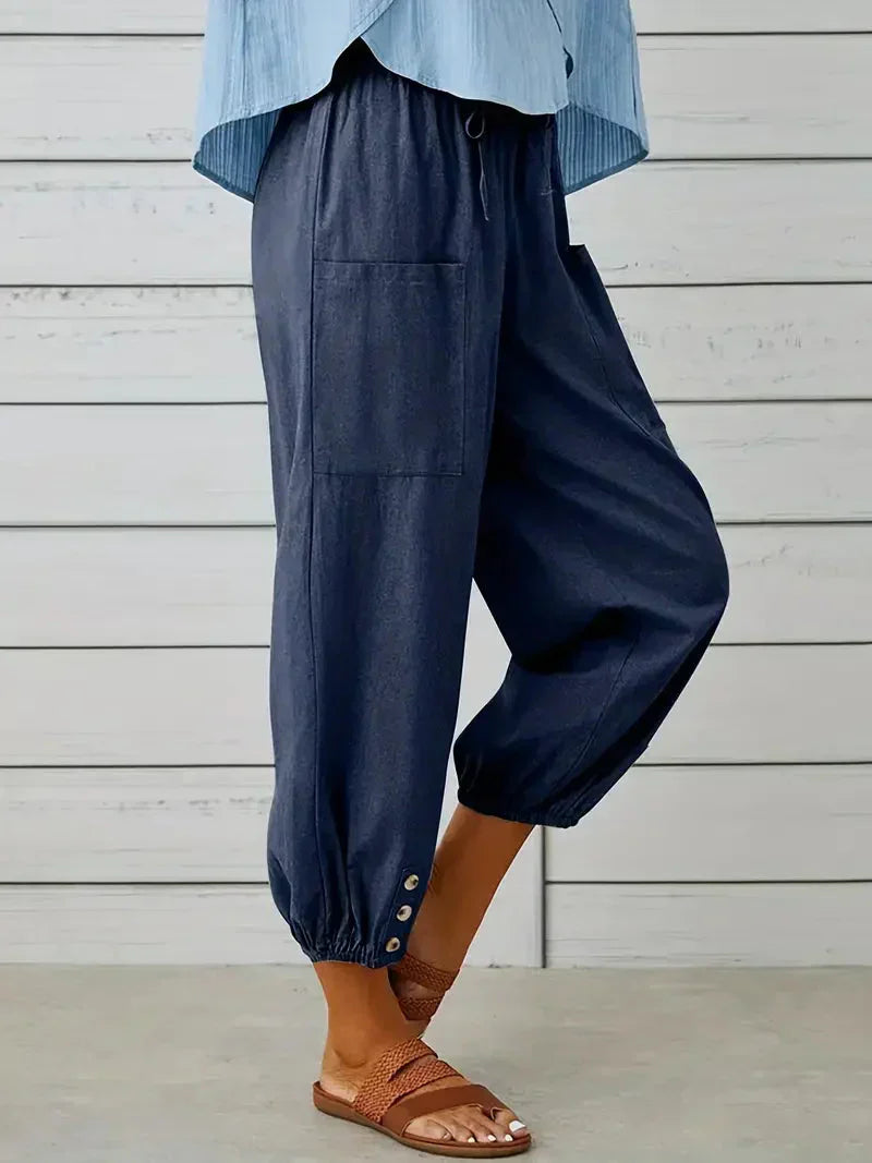Ashbel | Damen Freizeit-Hose mit elastischem Bund, Kordelzug und Taschen – Bequeme Uni-Farben Sommerhose