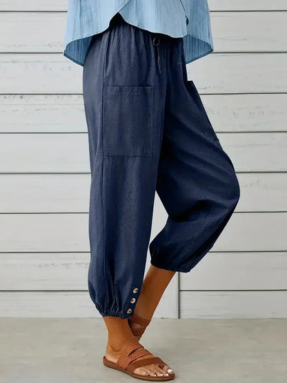 Ashbel | Damen Freizeit-Hose mit elastischem Bund, Kordelzug und Taschen – Bequeme Uni-Farben Sommerhose