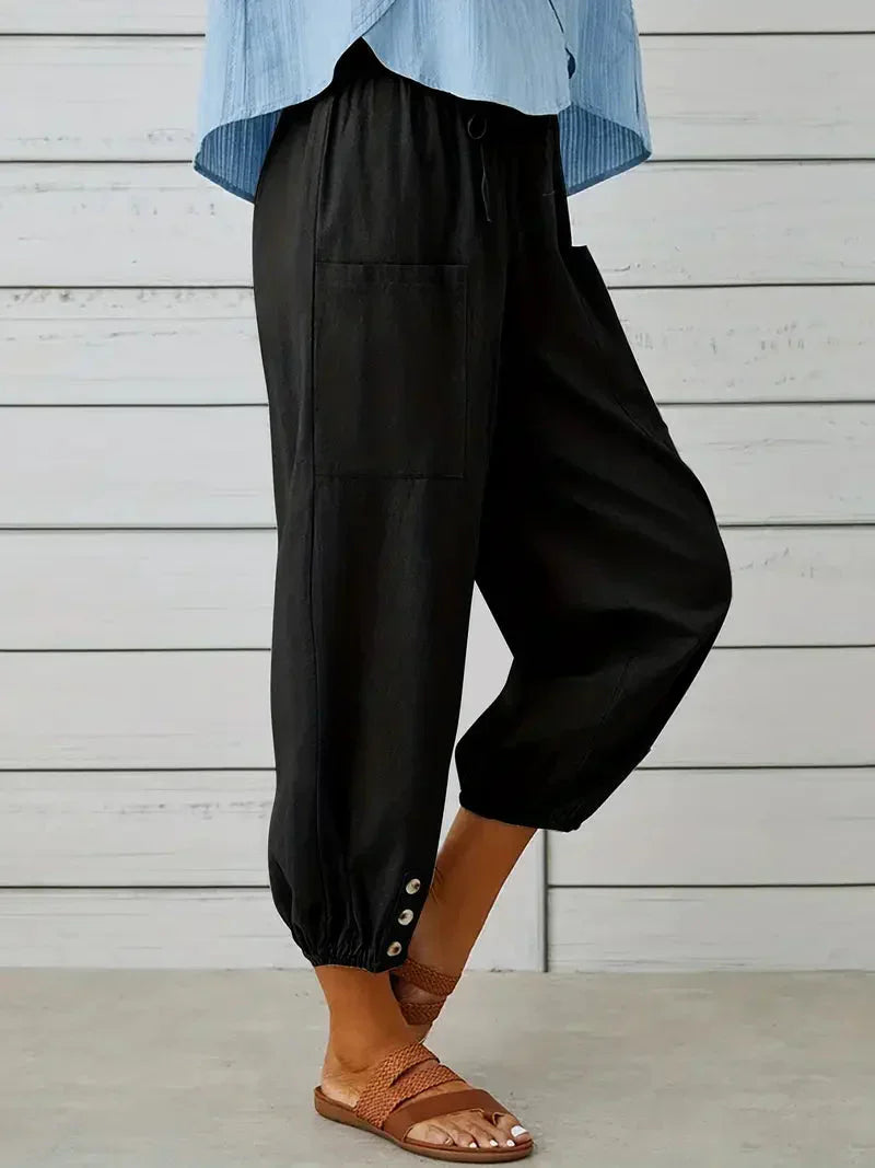 Ashbel | Damen Freizeit-Hose mit elastischem Bund, Kordelzug und Taschen – Bequeme Uni-Farben Sommerhose