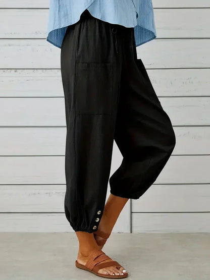 Ashbel | Damen Freizeit-Hose mit elastischem Bund, Kordelzug und Taschen – Bequeme Uni-Farben Sommerhose