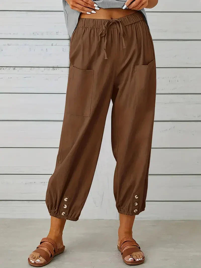 Ashbel | Damen Freizeit-Hose mit elastischem Bund, Kordelzug und Taschen – Bequeme Uni-Farben Sommerhose