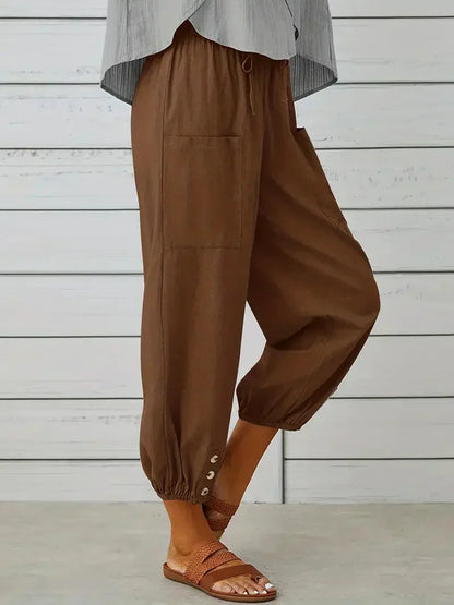 Ashbel | Damen Freizeit-Hose mit elastischem Bund, Kordelzug und Taschen – Bequeme Uni-Farben Sommerhose