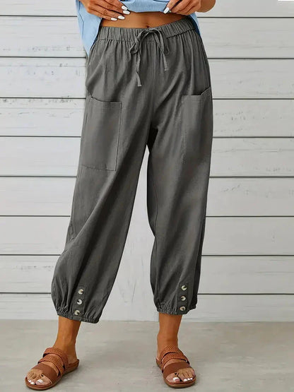 Ashbel | Damen Freizeit-Hose mit elastischem Bund, Kordelzug und Taschen – Bequeme Uni-Farben Sommerhose
