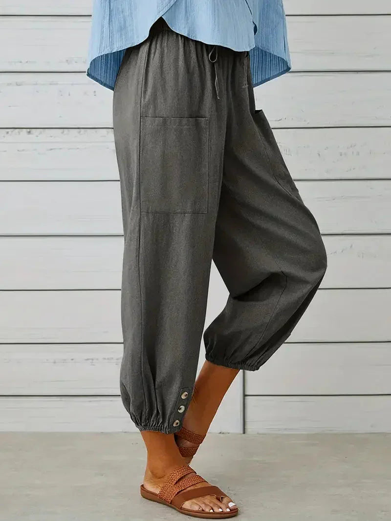 Ashbel | Damen Freizeit-Hose mit elastischem Bund, Kordelzug und Taschen – Bequeme Uni-Farben Sommerhose