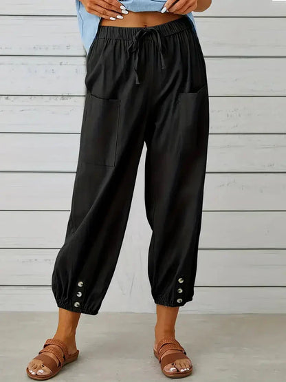 Ashbel | Damen Freizeit-Hose mit elastischem Bund, Kordelzug und Taschen – Bequeme Uni-Farben Sommerhose