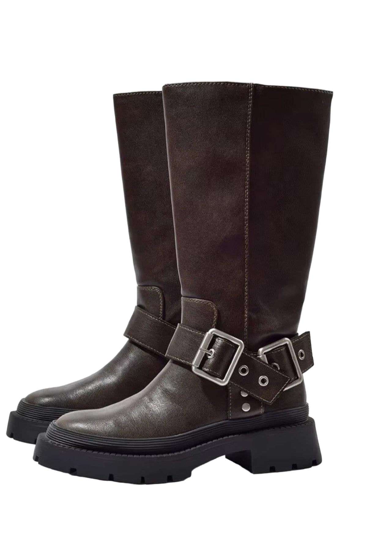 Hohe Damen Stiefel mit Schnalle | Flach, Urban & Trendig in Braun