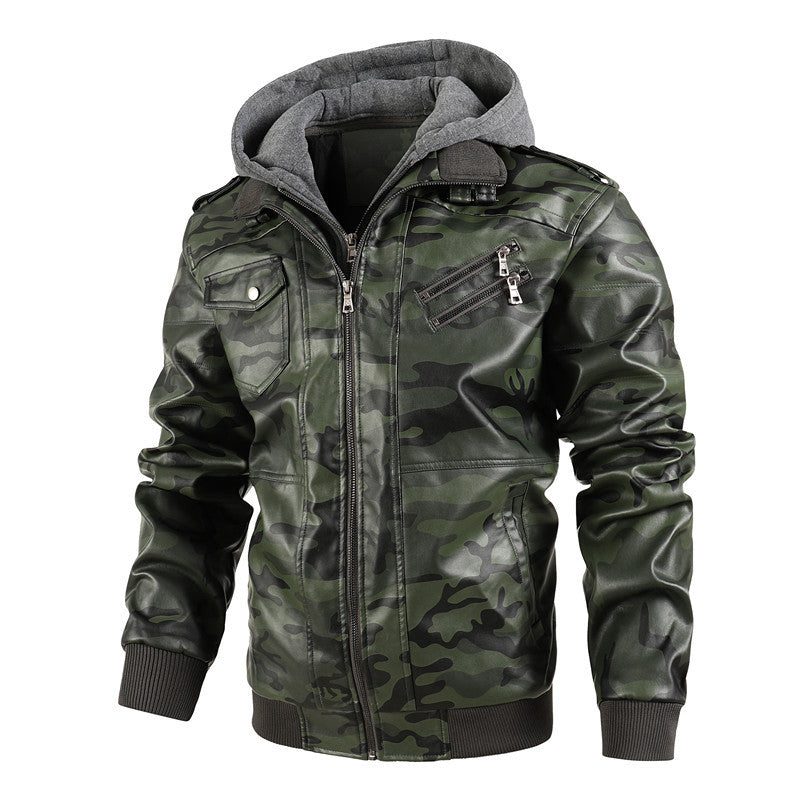 Camouflage Jacke Herren | Stylische Jacke aus synthetischem Leder mit Kapuze und Taschen