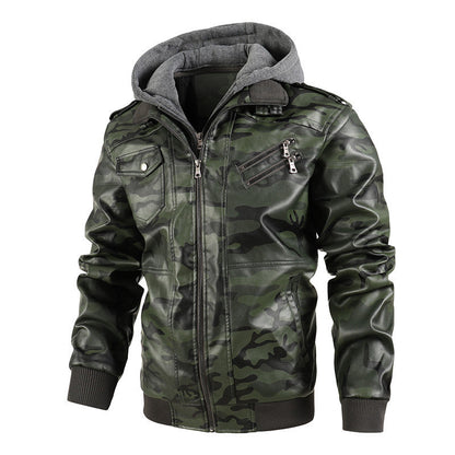 Camouflage Jacke Herren | Stylische Jacke aus synthetischem Leder mit Kapuze und Taschen