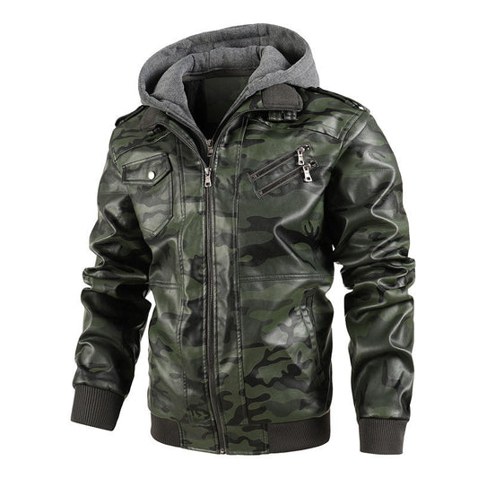 Camouflage Jacke Herren | Stylische Jacke aus synthetischem Leder mit Kapuze und Taschen