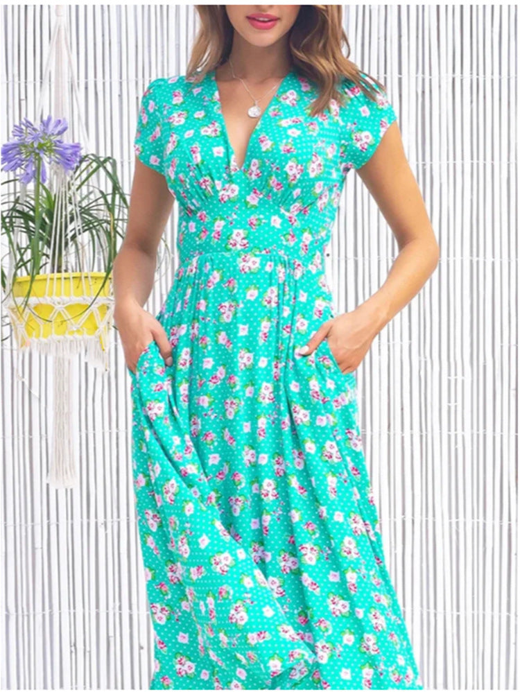 Helga | Geblümtes Boho-Midikleid mit V-Ausschnitt & kurzen Ärmeln für Sommer und Alltag