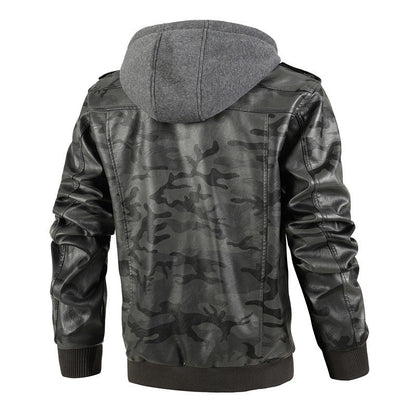 Camouflage Jacke Herren | Stylische Jacke aus synthetischem Leder mit Kapuze und Taschen