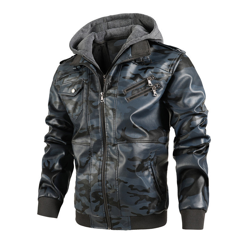 Camouflage Jacke Herren | Stylische Jacke aus synthetischem Leder mit Kapuze und Taschen