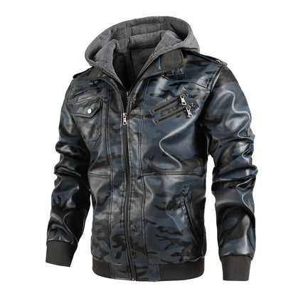Camouflage Jacke Herren | Stylische Jacke aus synthetischem Leder mit Kapuze und Taschen