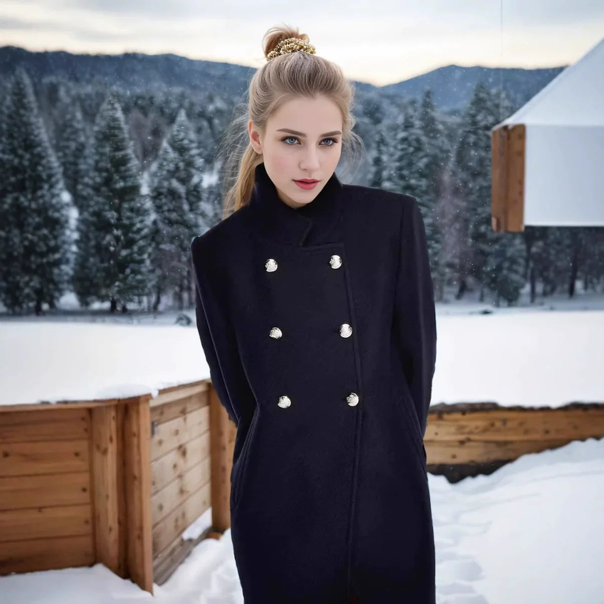 Faylinn | Damen Mantel aus Wollmix mit taillierter Passform, doppelreihigen Knöpfen & Stehkragen, halblang