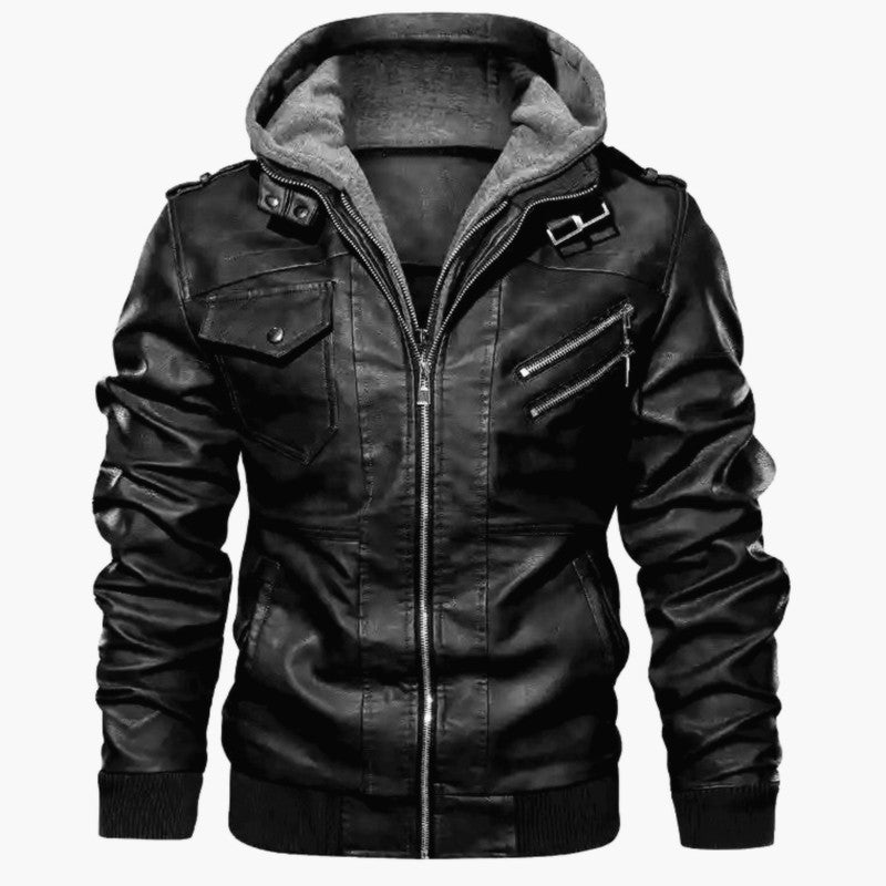 Herren Jacke | Stylische Jacke aus synthetischem Leder mit abnehmbarer Kapuze und Taschen