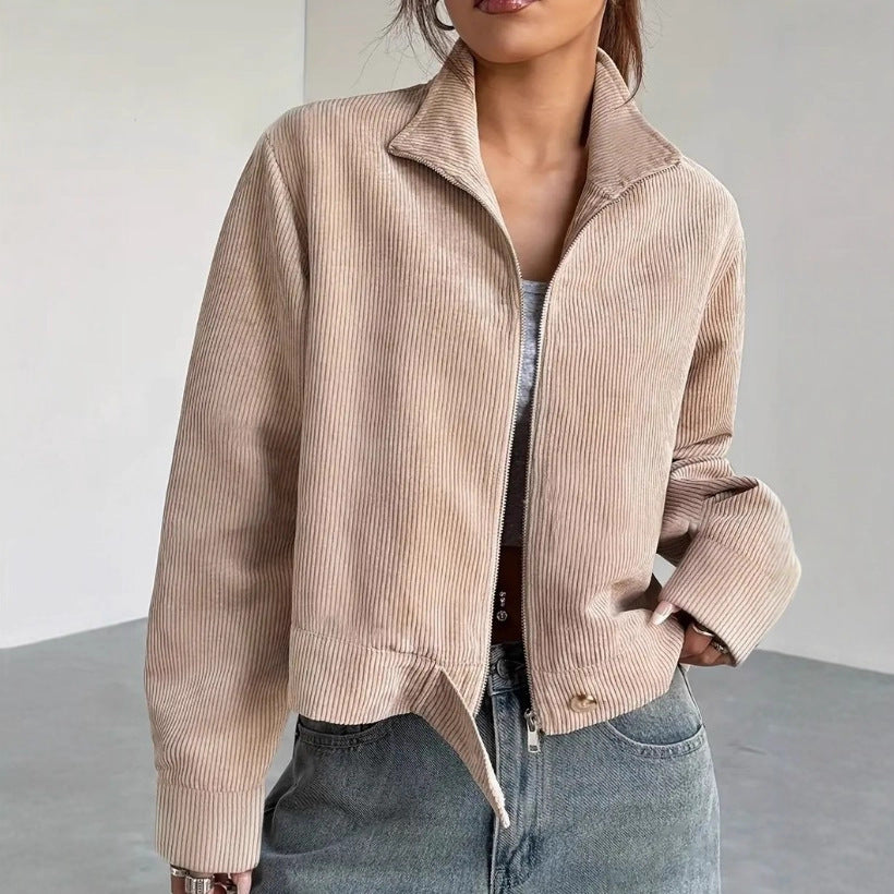 Isabetta | Damen Cordjacke, Cropped Modell mit Reißverschluss & breitem Kragen, Relaxed Fit