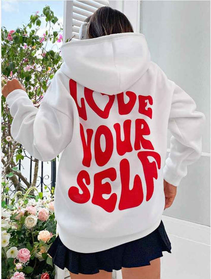 Delarose | Damen Hoodie mit Kordelzug, Kängurutasche & „Love Yourself“ Rückenprint