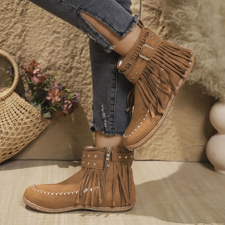 Jessa | Stylische Damen-Stiefeletten mit Fransen, Schnalle & Reißverschluss – Bequeme Cowboy Boots