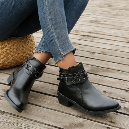 Rianni | Damen Stiefeletten mit Spitzem Zeh, Blockabsatz & Schnallen-Schnür-Design – Elegant & Modern für Herbst & Winter