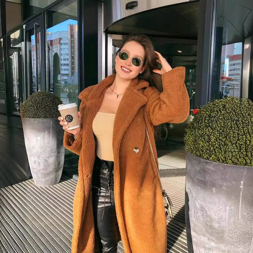 Evania | Damen Long Coat aus weichem Plüsch, Oversized Fit, Offene Vorderseite