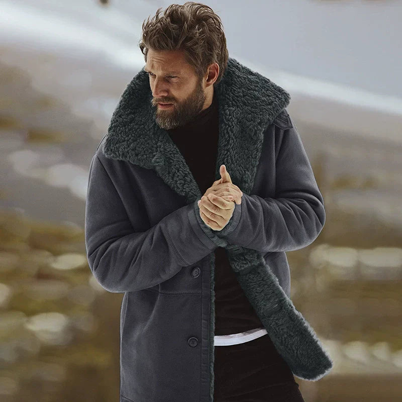 Mathieu | Herren Mantel mit Shearling-Kragen, Fleece gefüttert, Knopfleiste, Relaxed Fit, Mid-Length