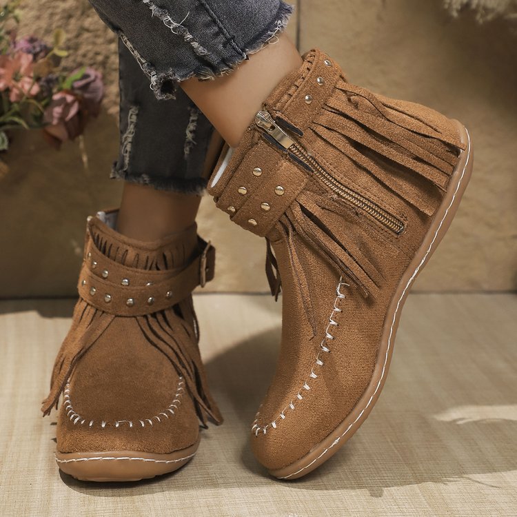 Jessa | Stylische Damen-Stiefeletten mit Fransen, Schnalle & Reißverschluss – Bequeme Cowboy Boots