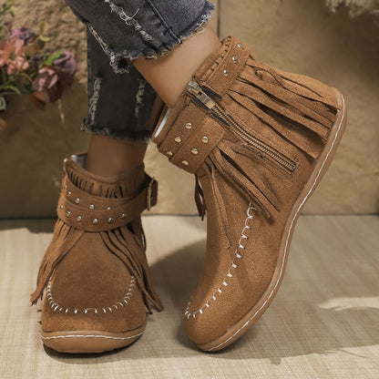 Jessa | Stylische Damen-Stiefeletten mit Fransen, Schnalle & Reißverschluss – Bequeme Cowboy Boots