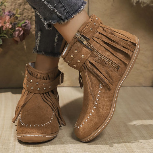 Jessa | Stylische Damen-Stiefeletten mit Fransen, Schnalle & Reißverschluss – Bequeme Cowboy Boots